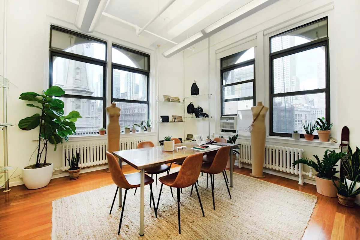 Studio office with tall windows and plants